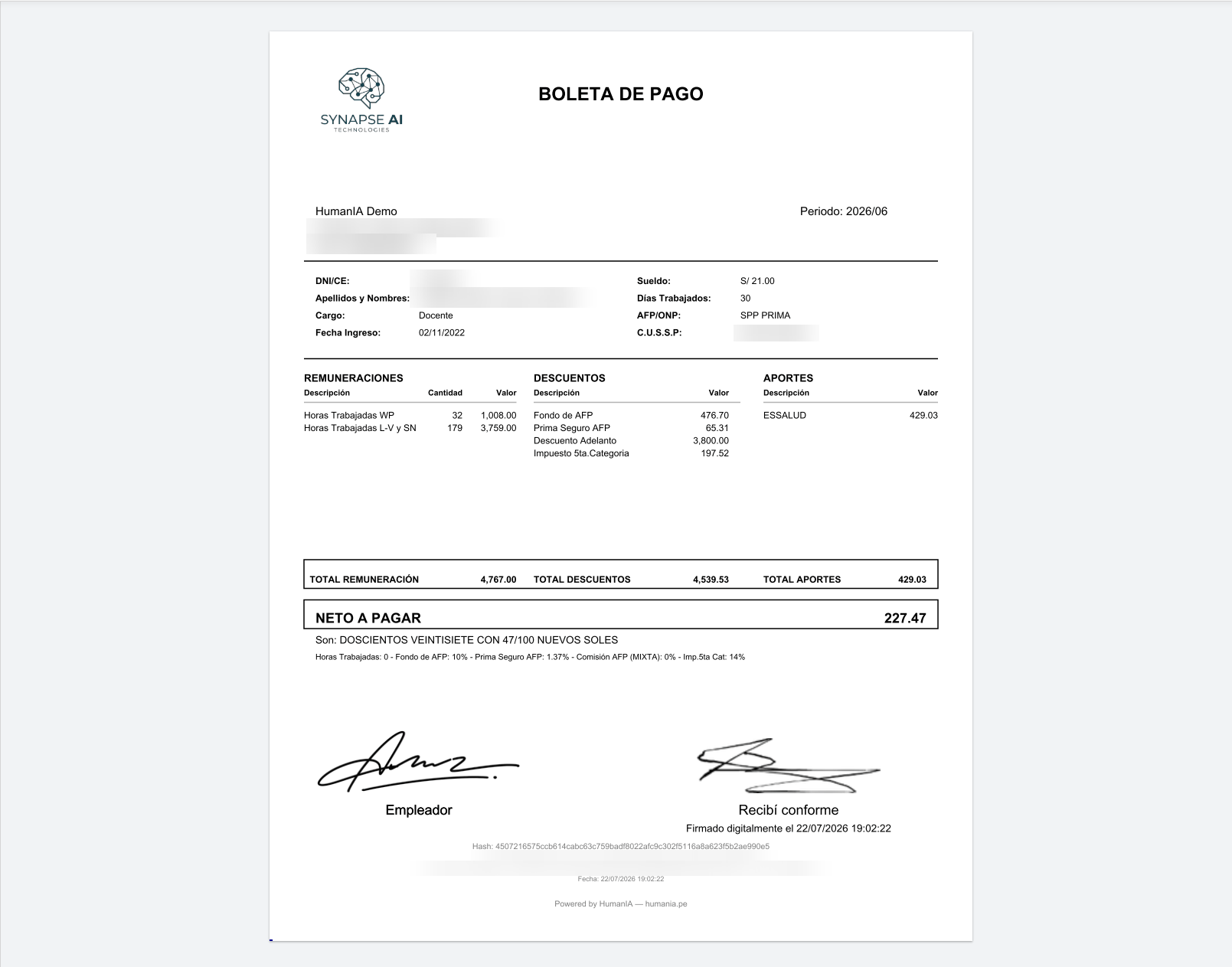 Boleta de pago en PDF firmada digitalmente y certificada
